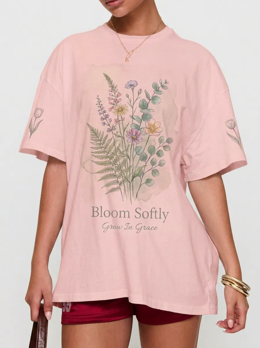 Women's Floral Lover Bloom Softly Watercolor Printed T-shirt