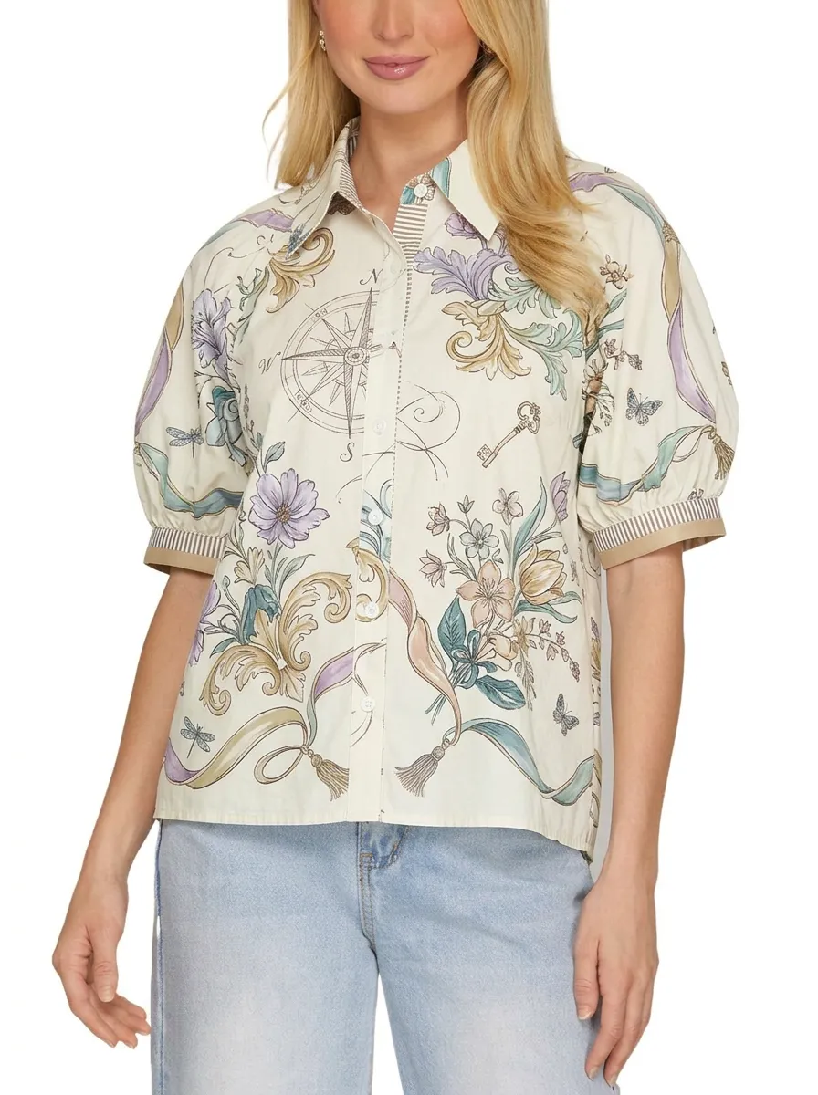 Women's Vintage Compass Floral Key Printed Puff Sleeve Shirt