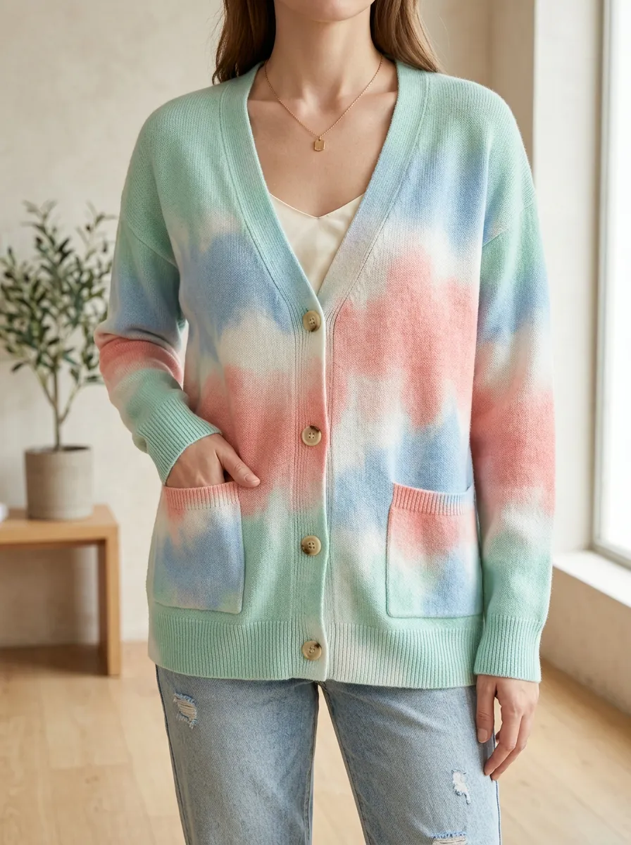 Women's Pastel Tie-Dye Pattern Printed Dropped Shoulder Modern Layering Cardigan