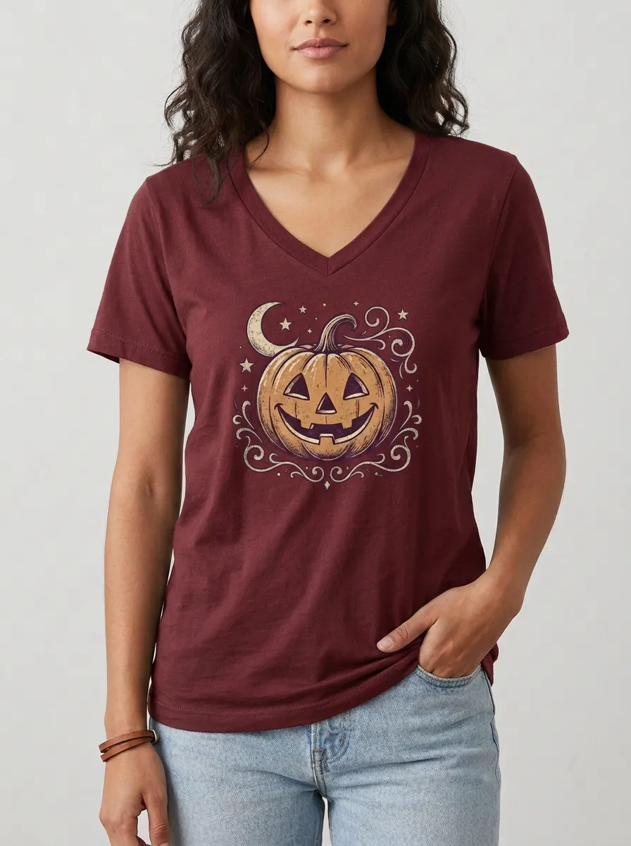 Women's Halloween Pumpkin Moon Stars Printed V-neck T-shirt