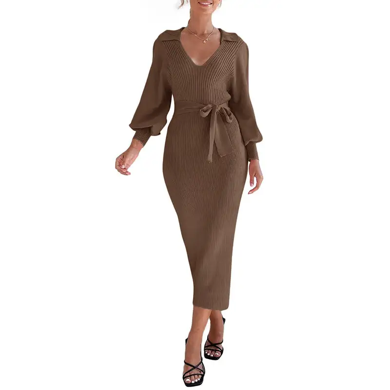 Women's V-Neck Sleeveless Knit Belted Dress
