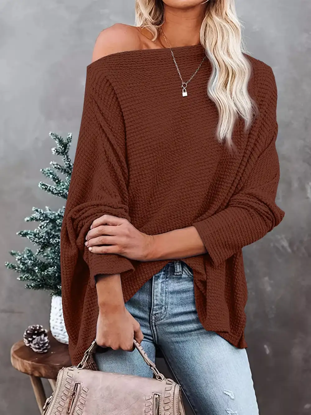 Waffle Knit Boat Neck Sweater