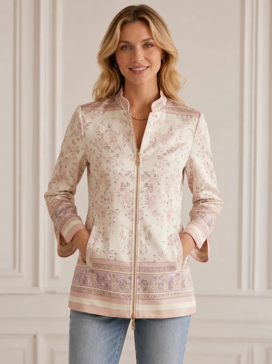 Women's Floral Vintage Style Stand Collar Zip Jacket