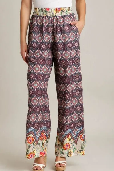 Relaxed Full Size Mixed Print Elastic Waistband Pants Plus Size