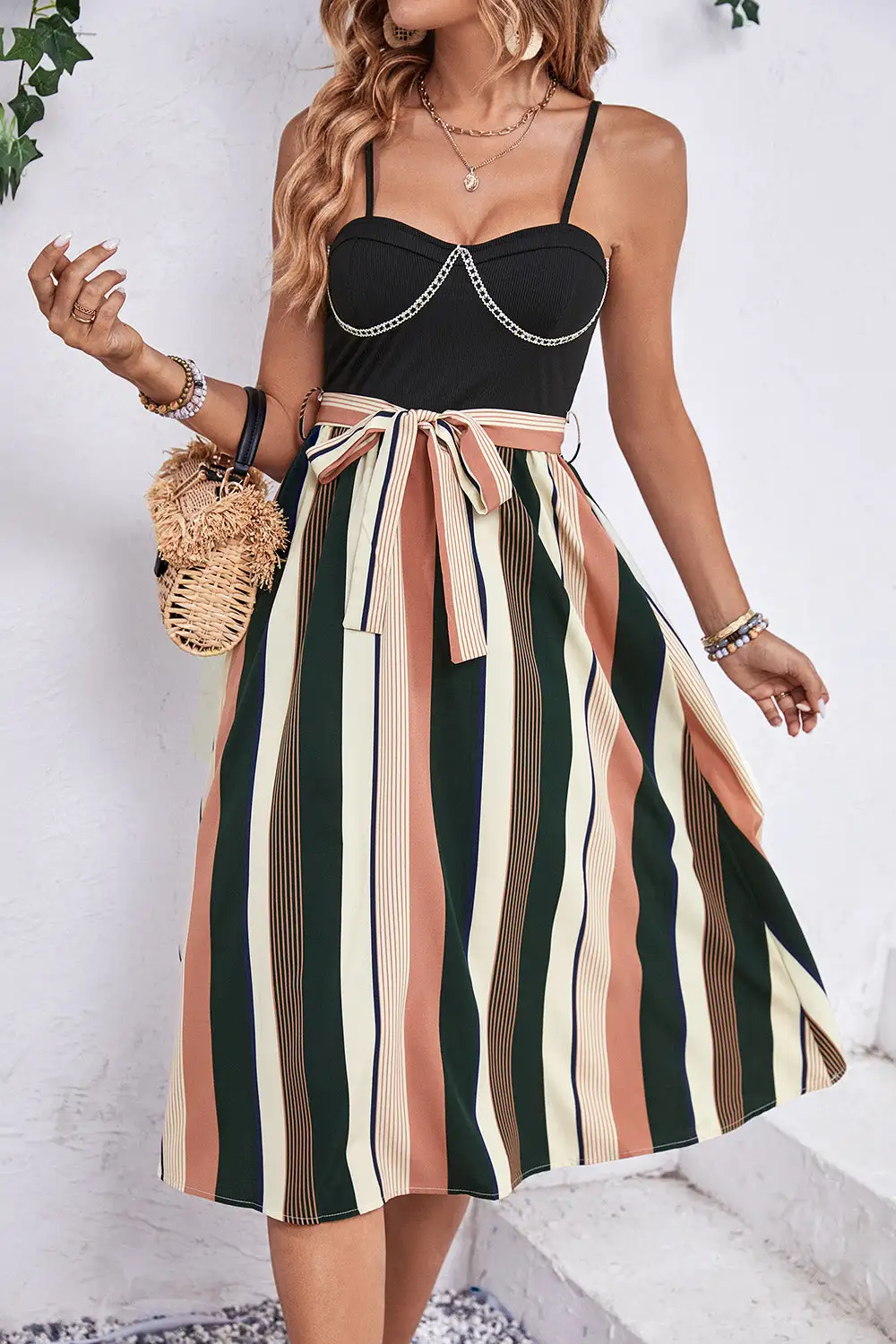 Spaghetti-Strap Striped Casual Dress