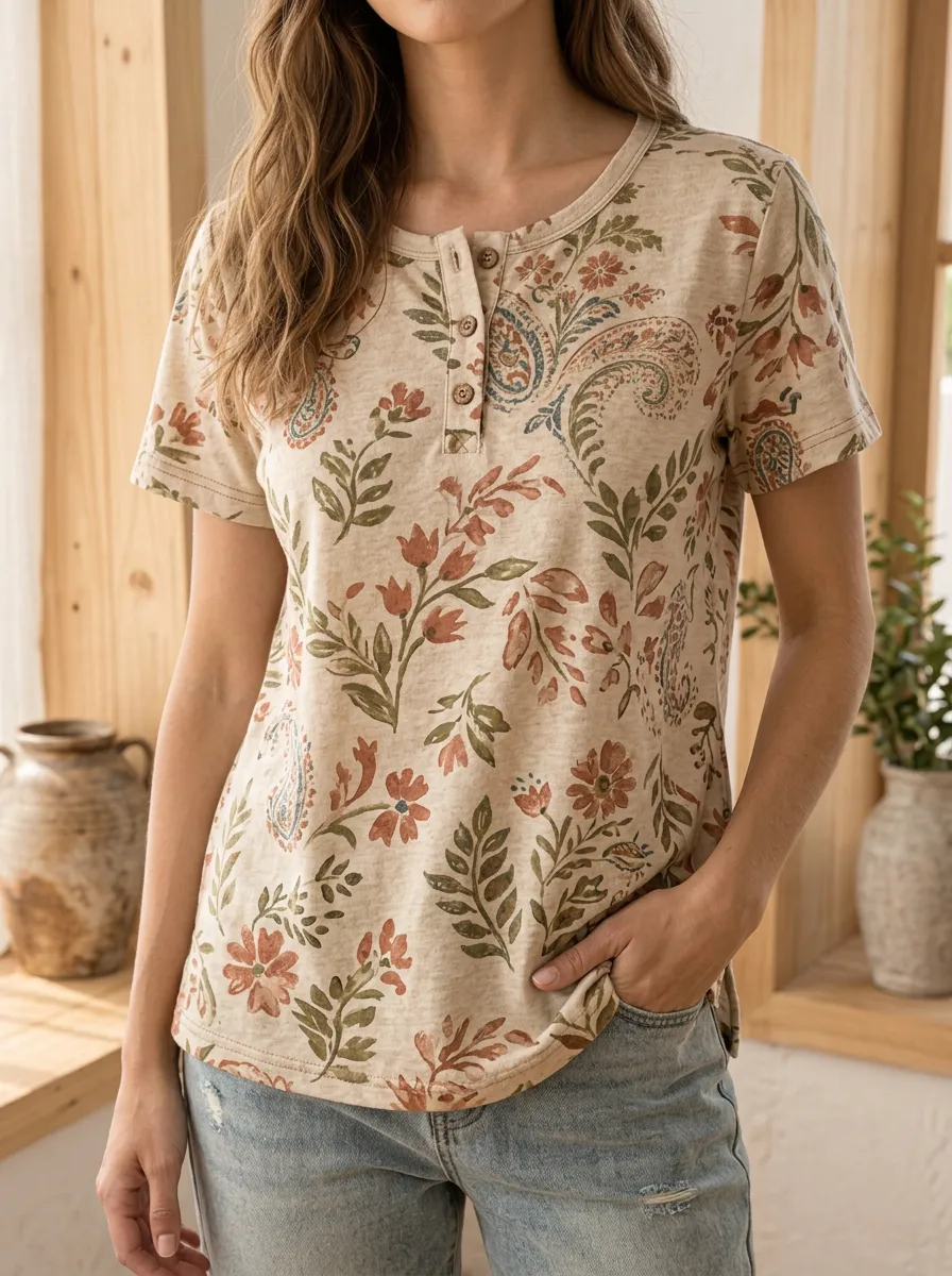 Women's Classic Boho Floral Paisley Henley T-Shirt