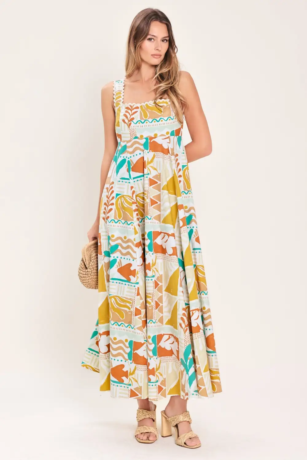 Classic Smocked Cotton Printed Midi Dress