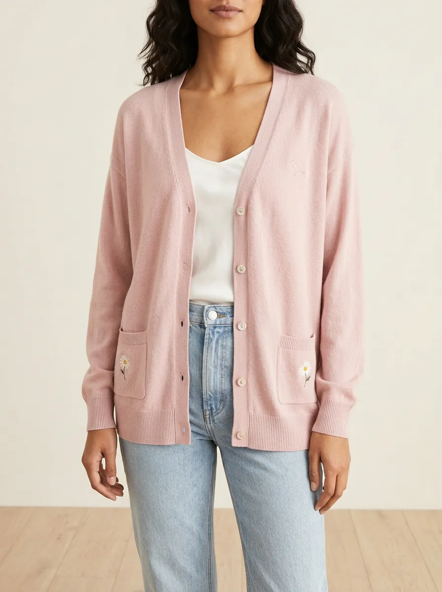 Women's Floral Lover Daisy Embroidered Pink Casual Cardigan