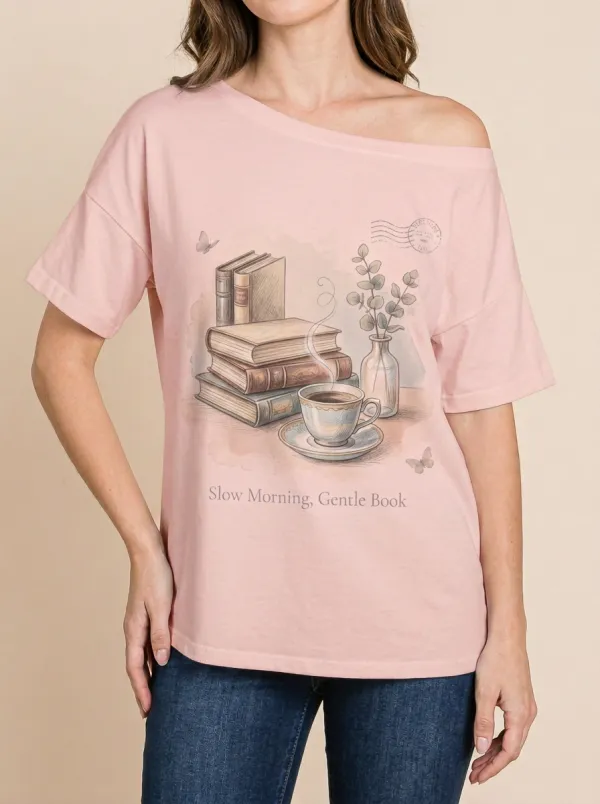 Women's Book Lover Coffee Stack Printed T-shirt