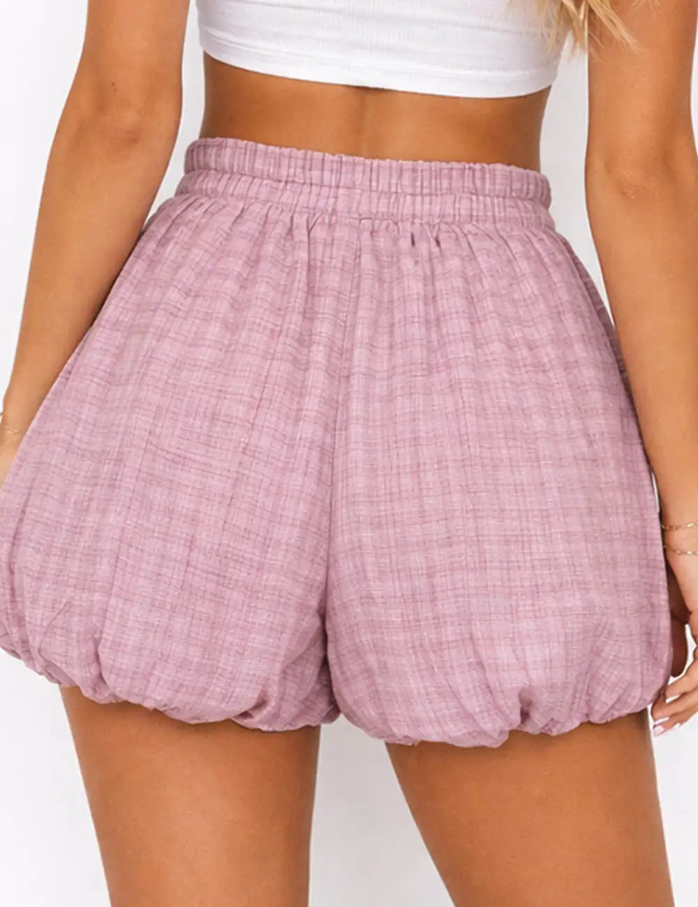 Puff Hem Checked Pattern Elastic Waist Balloon Shorts