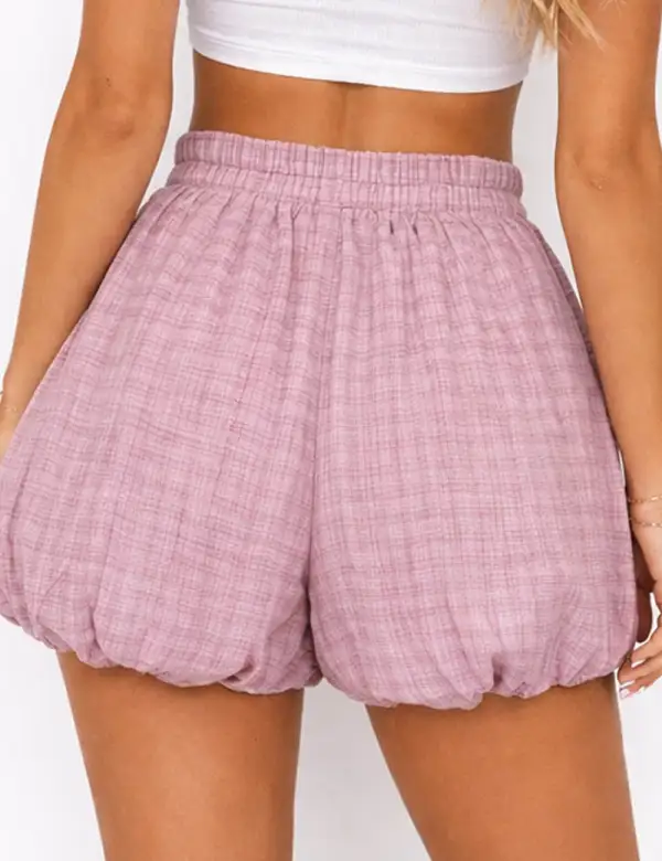 Puff Hem Checked Pattern Elastic Waist Balloon Shorts