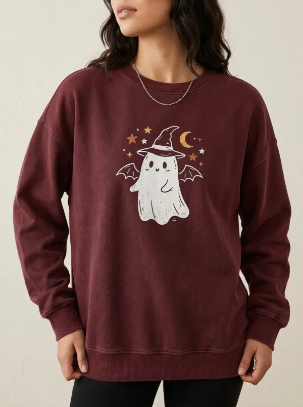 Women's Halloween Ghost Witch Bat Moon Stars Printed Sweatshirt