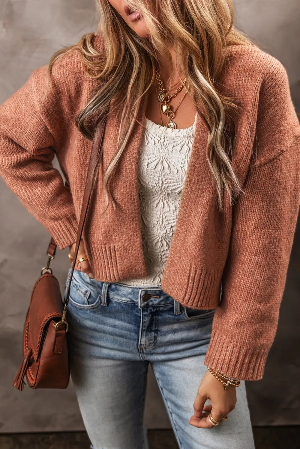 Open Front Drop Shoulder Cropped Cardigan