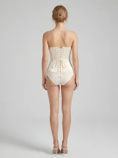 Floral Lace-Up Lace-Trim Satin-Look Women's Corset Top