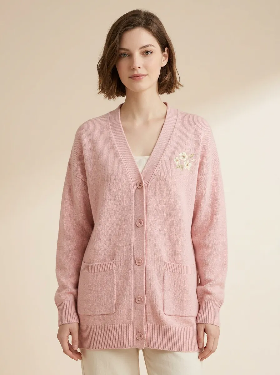 Women's Pink Floral Embroidered V-Neck Button Casual Cardigan Top