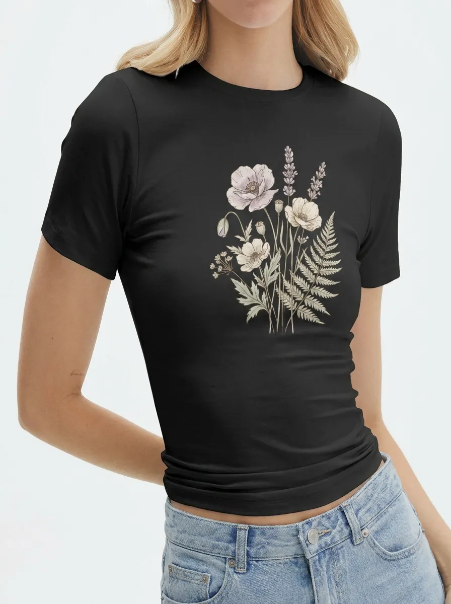 Women's Botanical Wildflower Bouquet Printed T-shirt