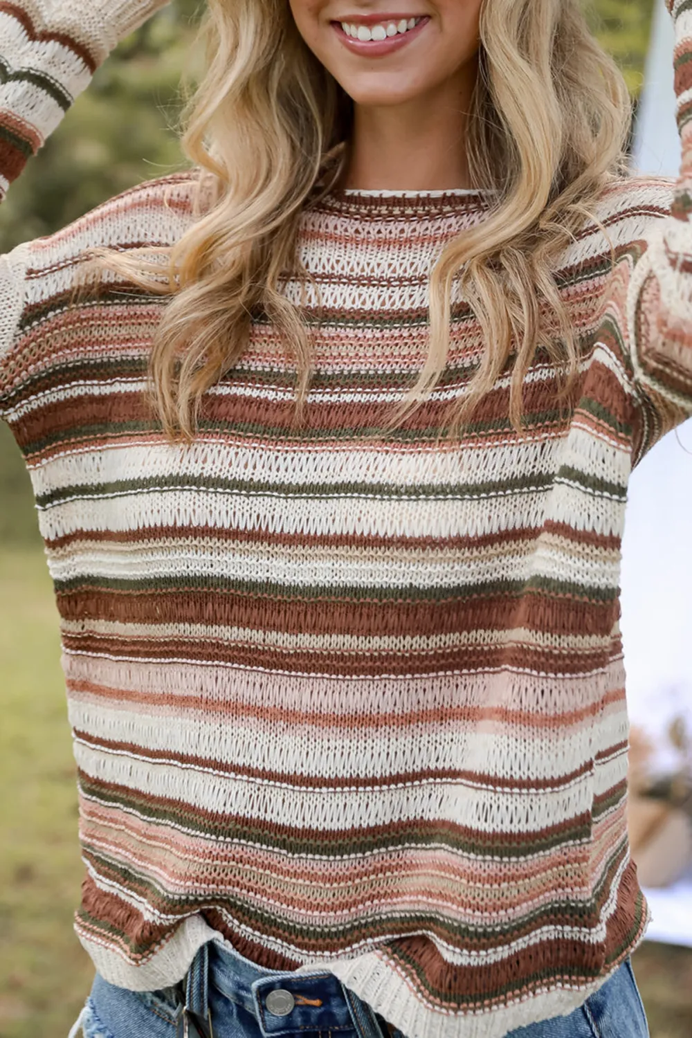 Cream Striped Lightweight Knit Sweater