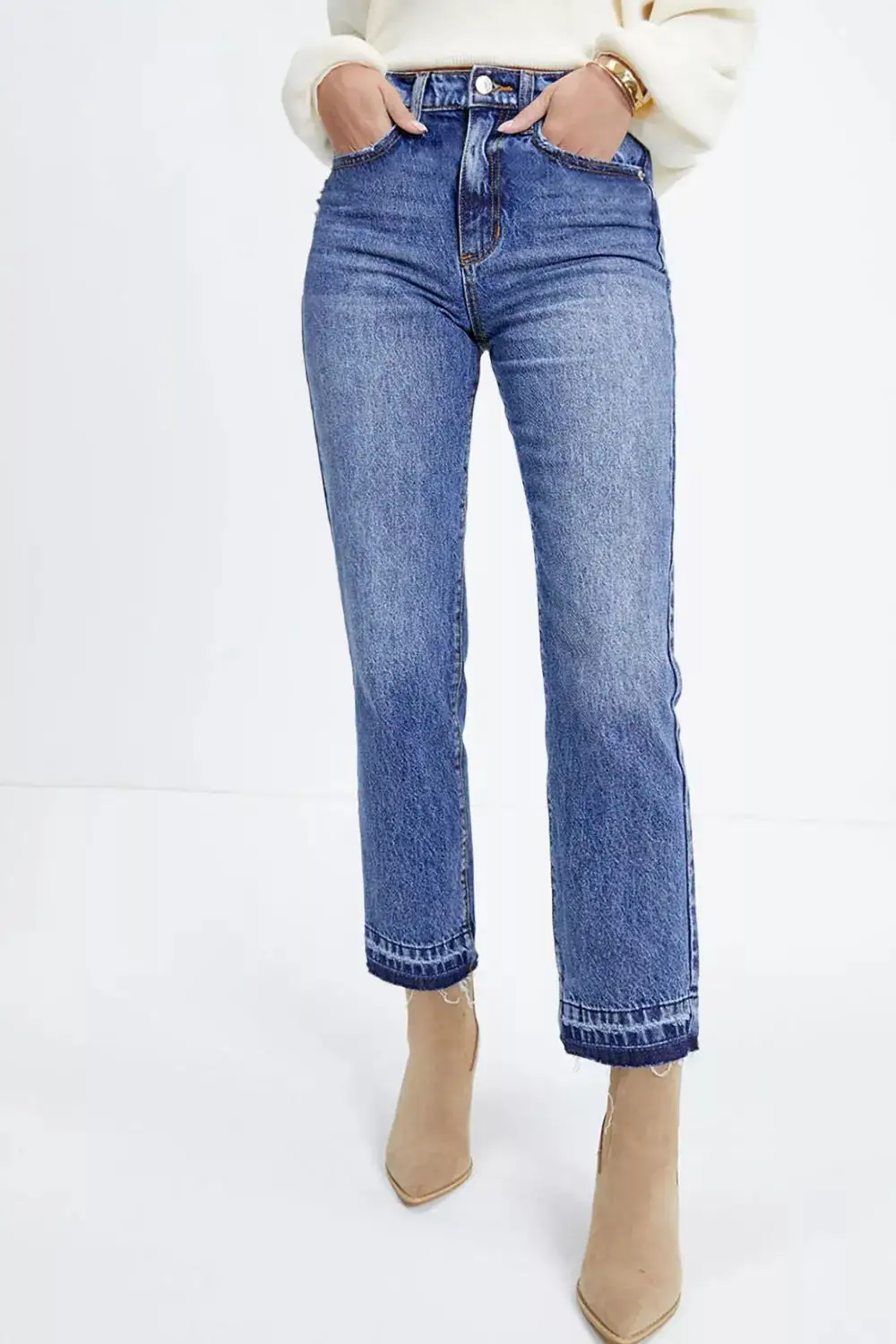 Women' Whiskered Wash Raw Hem Cropped Jeans