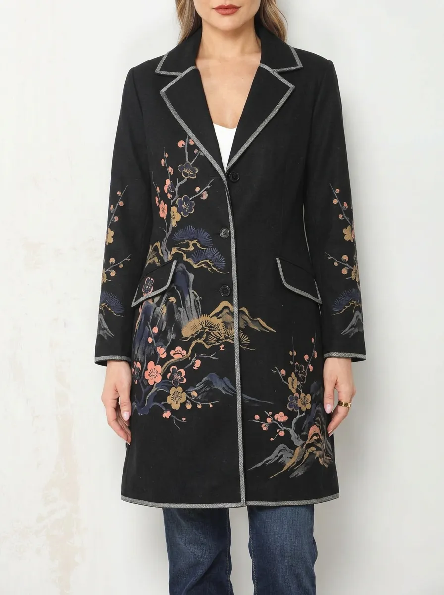 Women's Oriental Floral Mountain Landscape Printed Blazer Coat