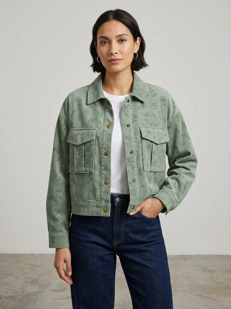 Women's Botanical Floral Line-Art Pattern Corduroy Jacket