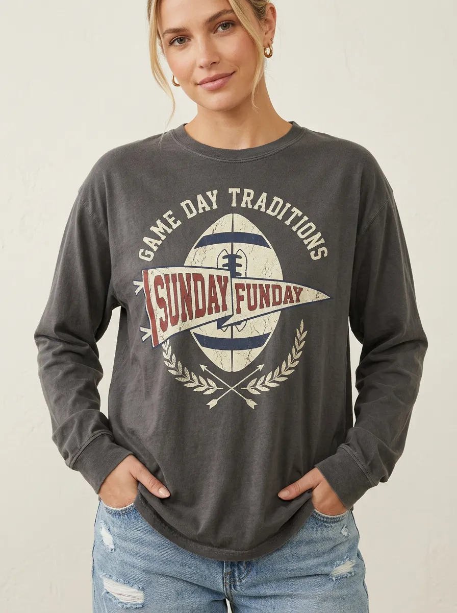 Women's Football Fan Sunday Funday Pennant Printed Long Sleeve Shirt