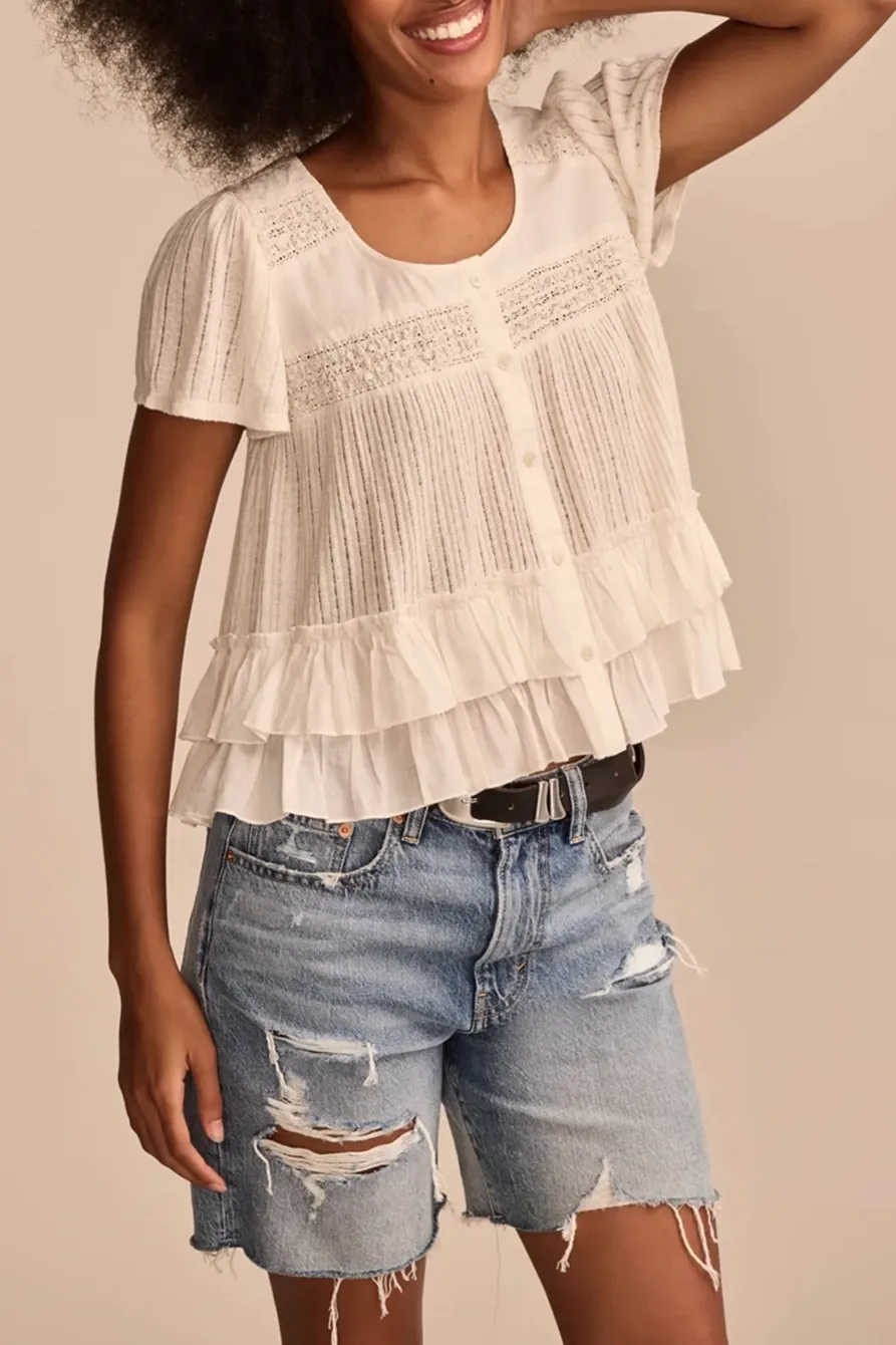 White Smocked Lace Tee