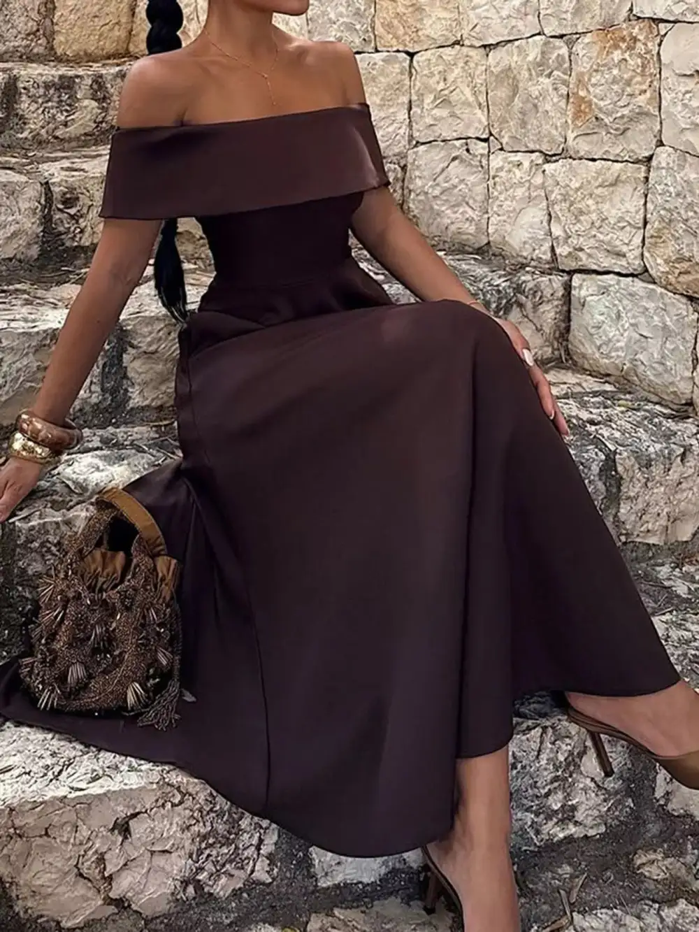 Off Shoulder A Line Maxi Dress