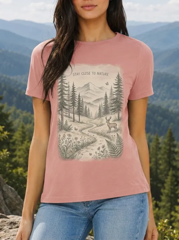 Women's Nature Lover Deer Mountain Forest Printed T-shirt