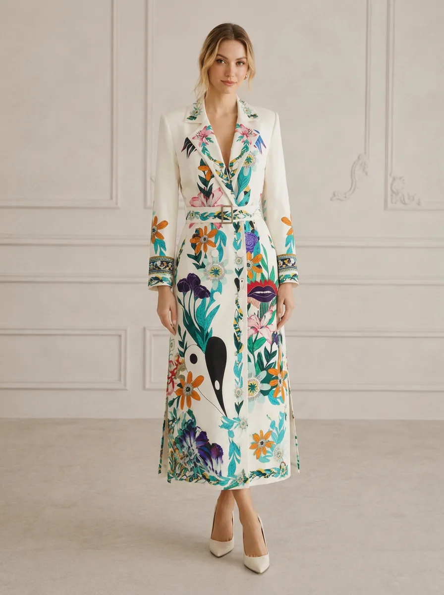 Women's Botanical Floral Art Printed Belted Trench Coat