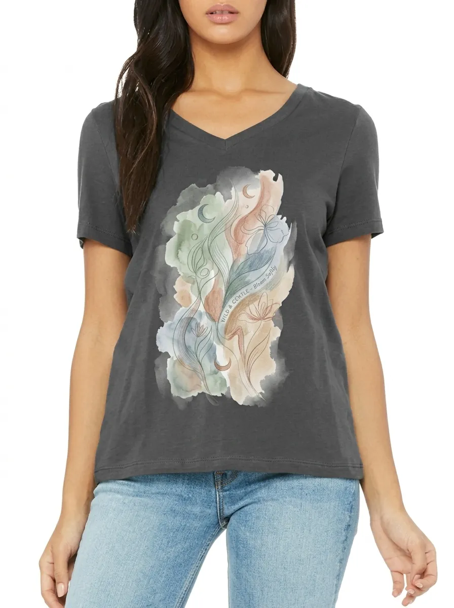 Women's Botanical Moon Watercolor Printed V-neck T-shirt