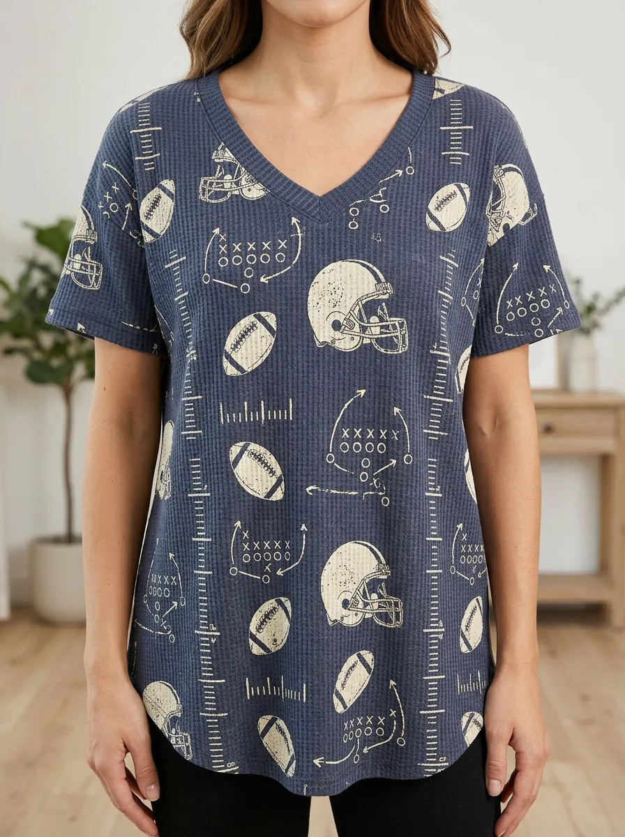 Women's Sideline Football Fan Helmet Playbook Printed Waffle Top
