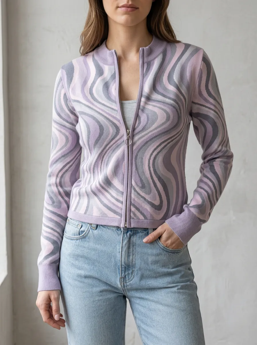 Women's Purple Wavy Pattern Printed Zip-Up Cardigan