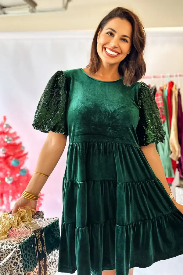 Polished Detail Velvet Sequin Tiered Mini Dress