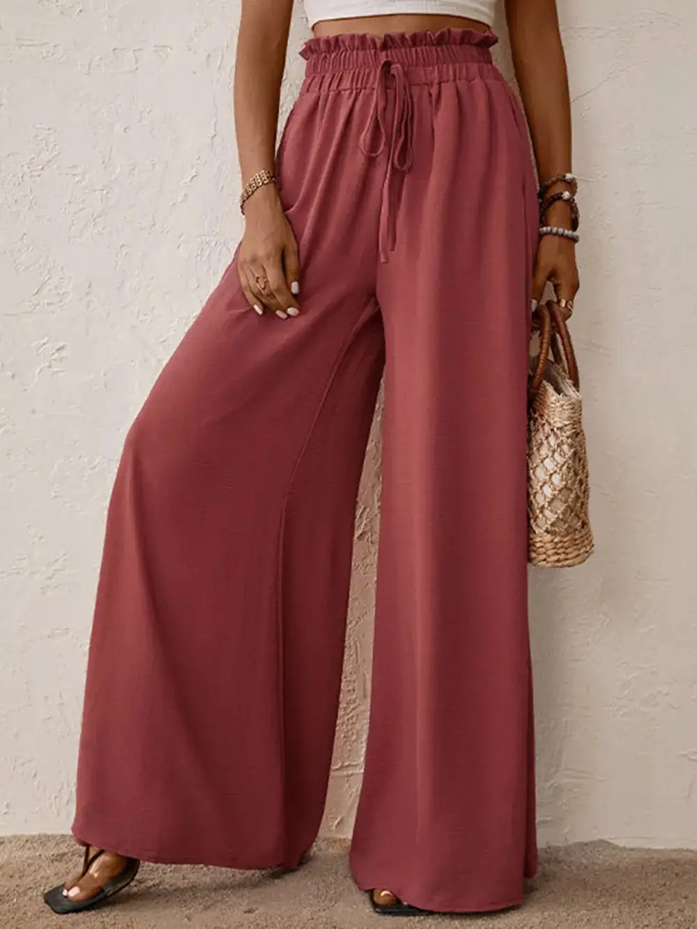 Wide Leg Tie Waist Ruffle Detail Everyday Pants