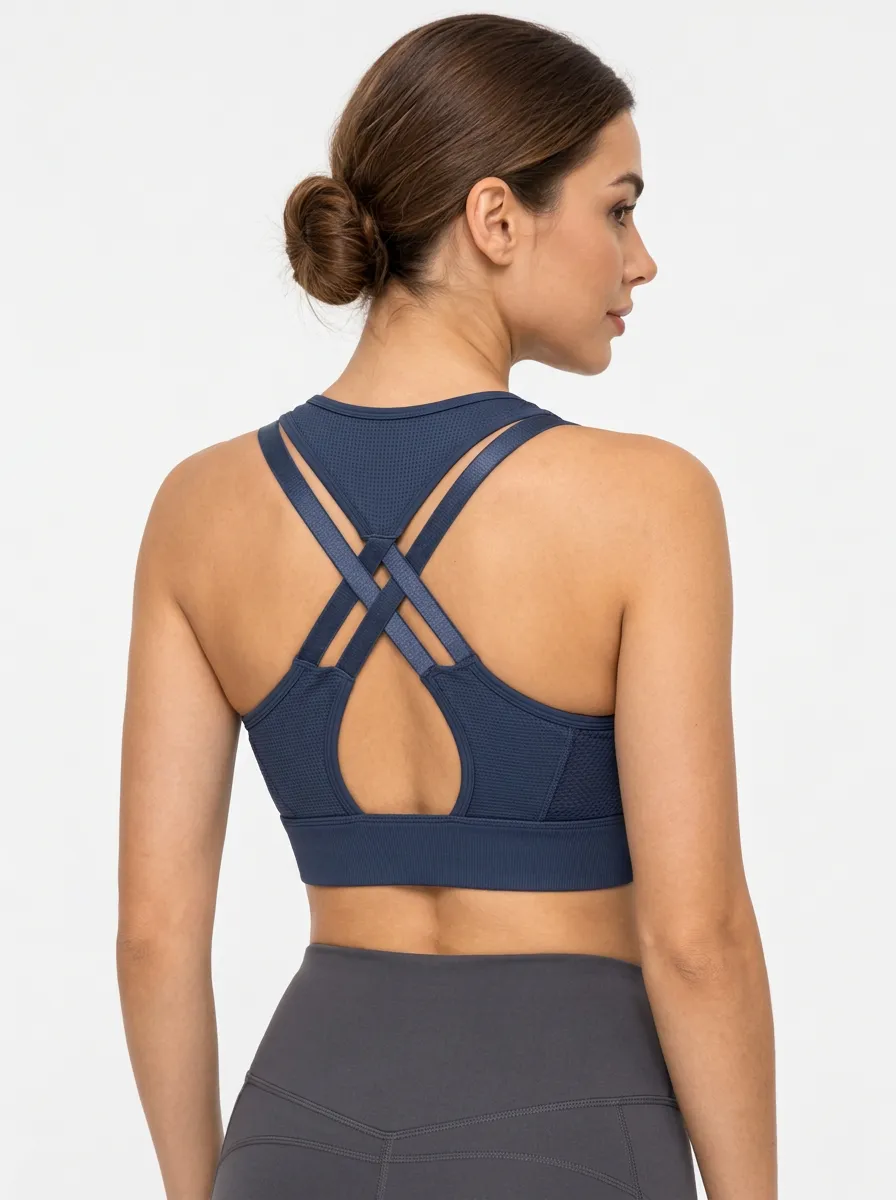 Women's Mesh Panel Printed Cross Back Workout Bra