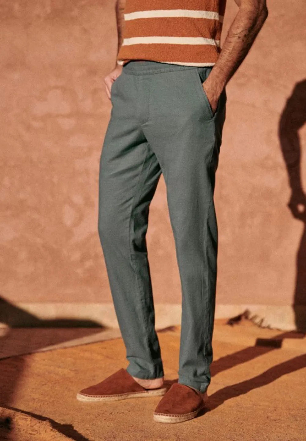 Olive Green Cotton Linen Blend Casual Trousers
