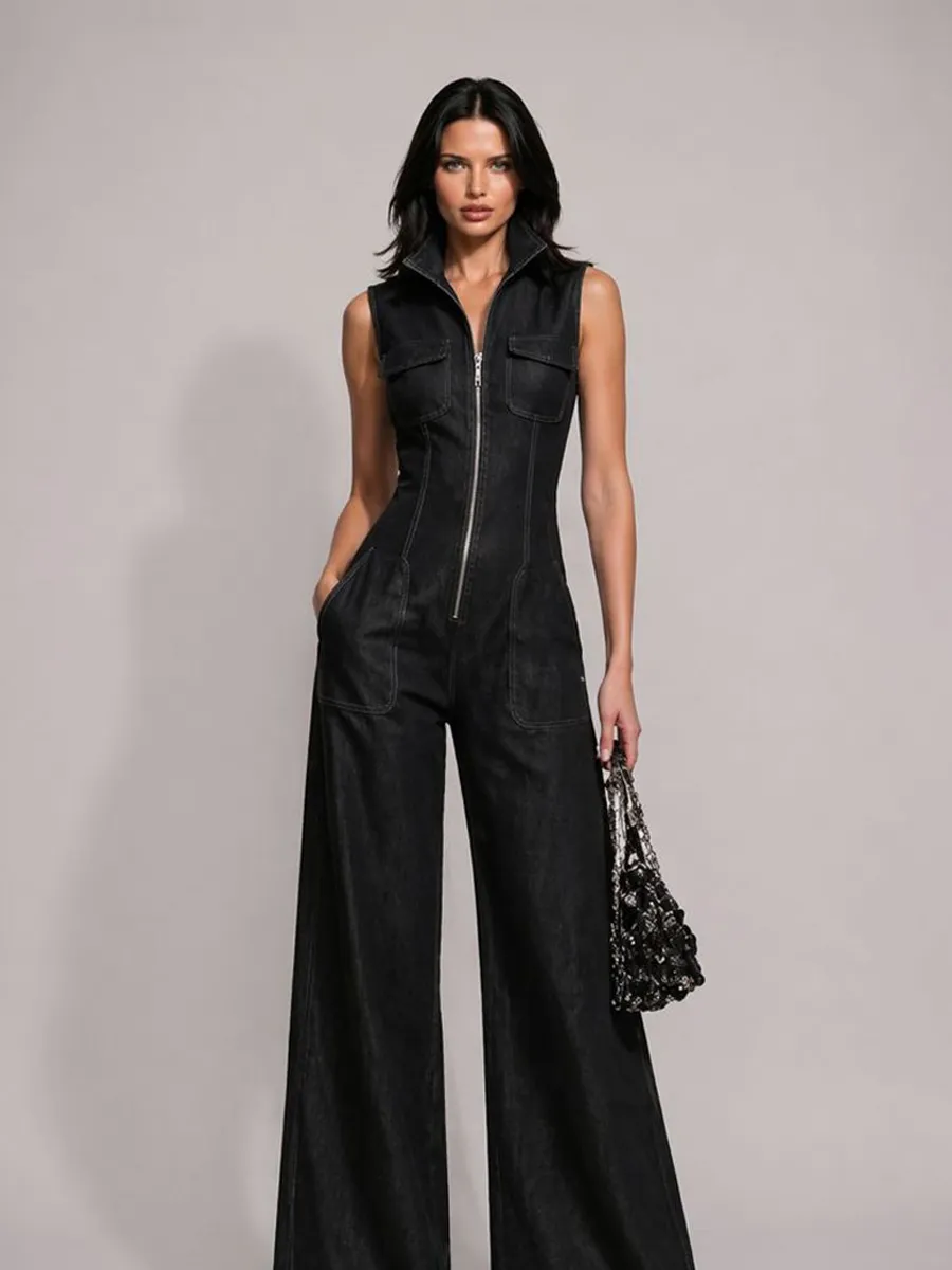 Amira Retro Stand-Collar Zip-Front Sleeveless Denim Jumpsuit