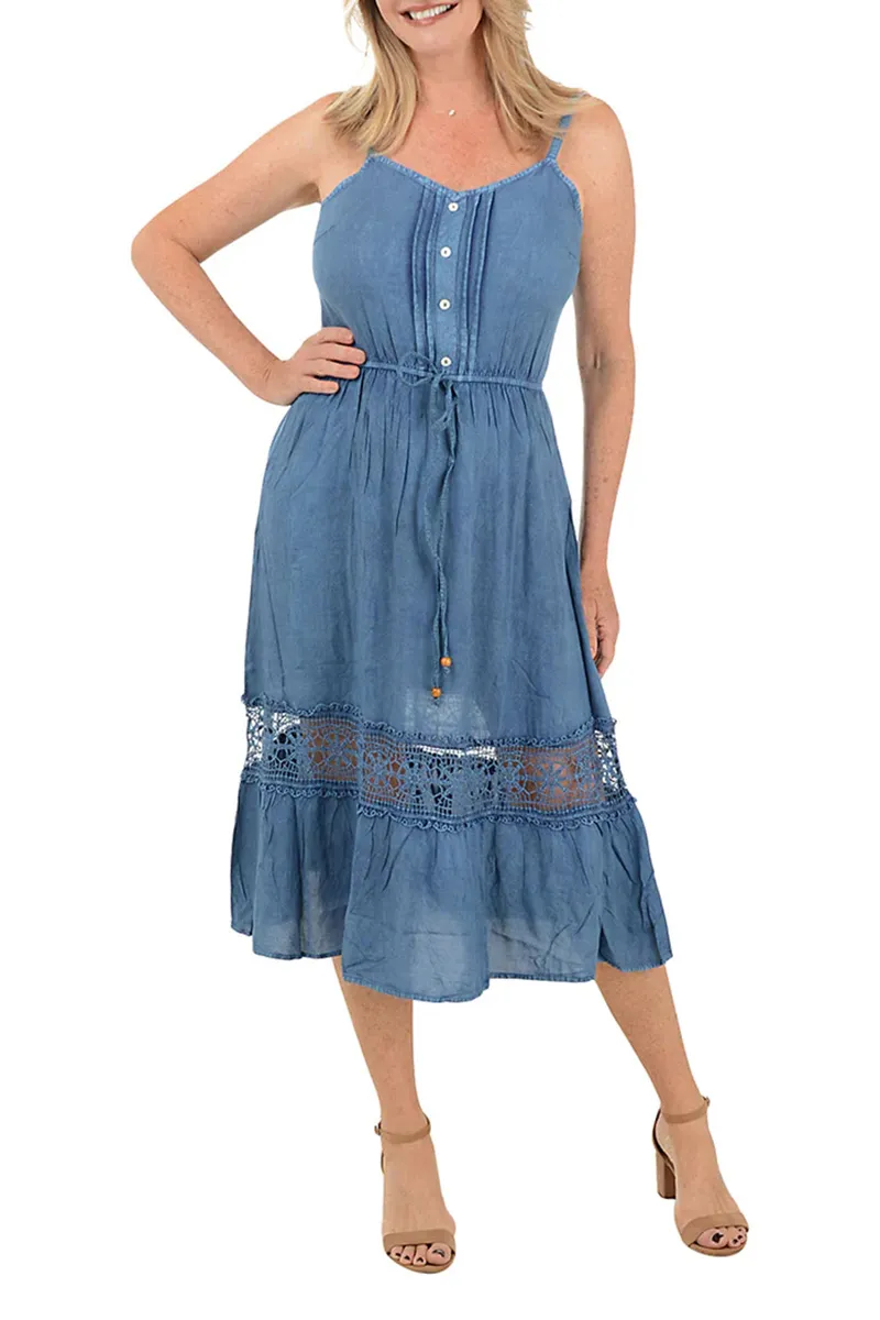 Lacy Denim Tie-Waist Sleeveless Dress