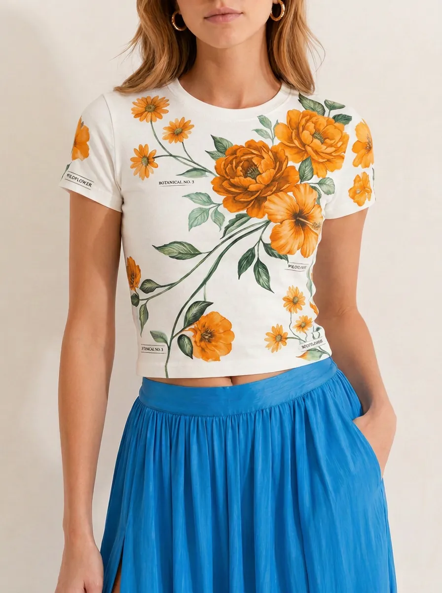 Women's Botanical Floral Lover Blue Flower Printed Crop Top