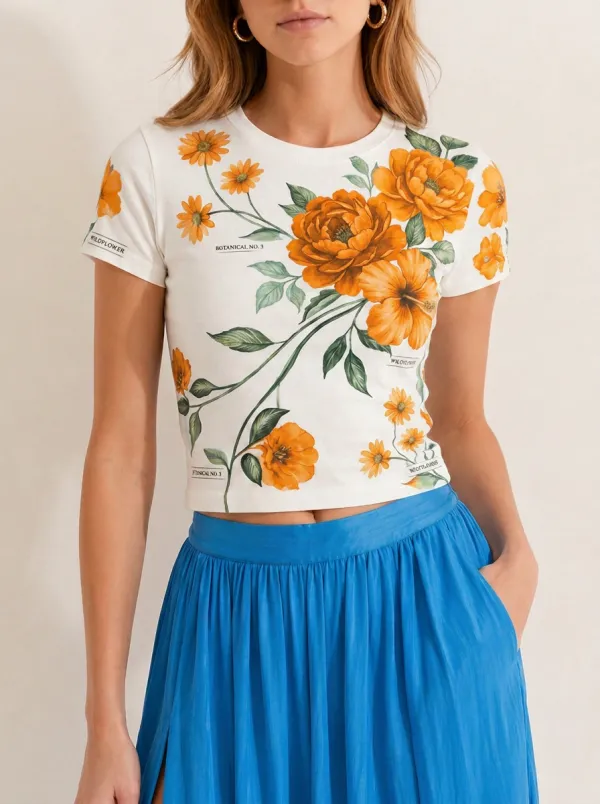 Women's Botanical Floral Lover Blue Flower Printed Crop Top