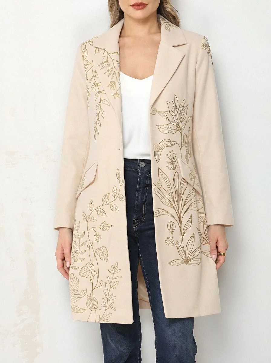Women's Botanical Floral Gold Line Art Printed Long Coat