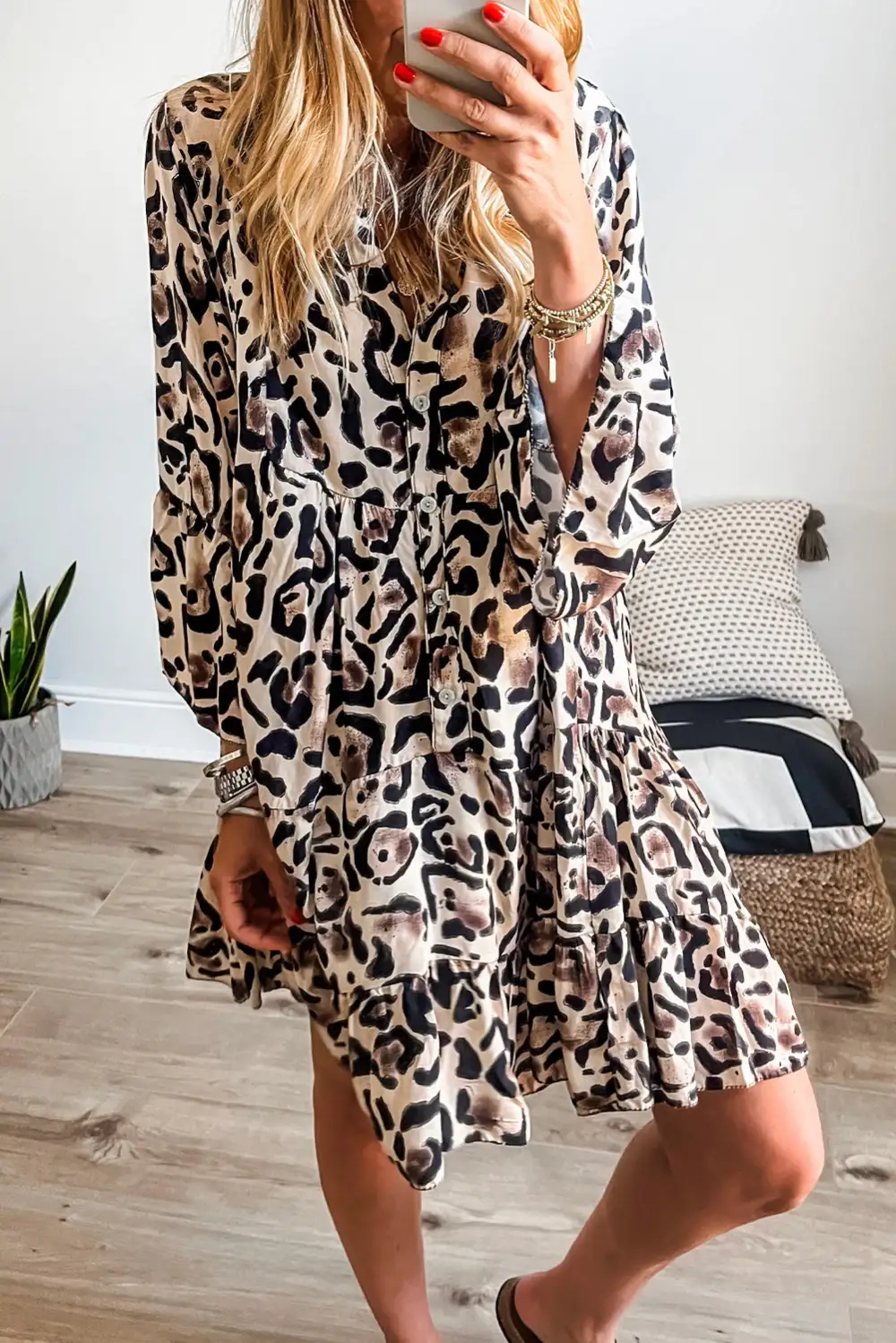 Terrace Animal Print Ruffle Trim Tiered Mini Dress