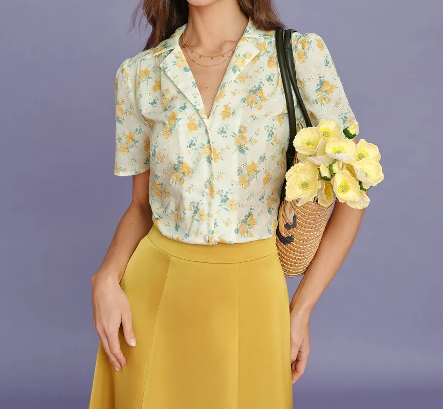 Yellow Collar Puffed Sleeve Floral Blouse