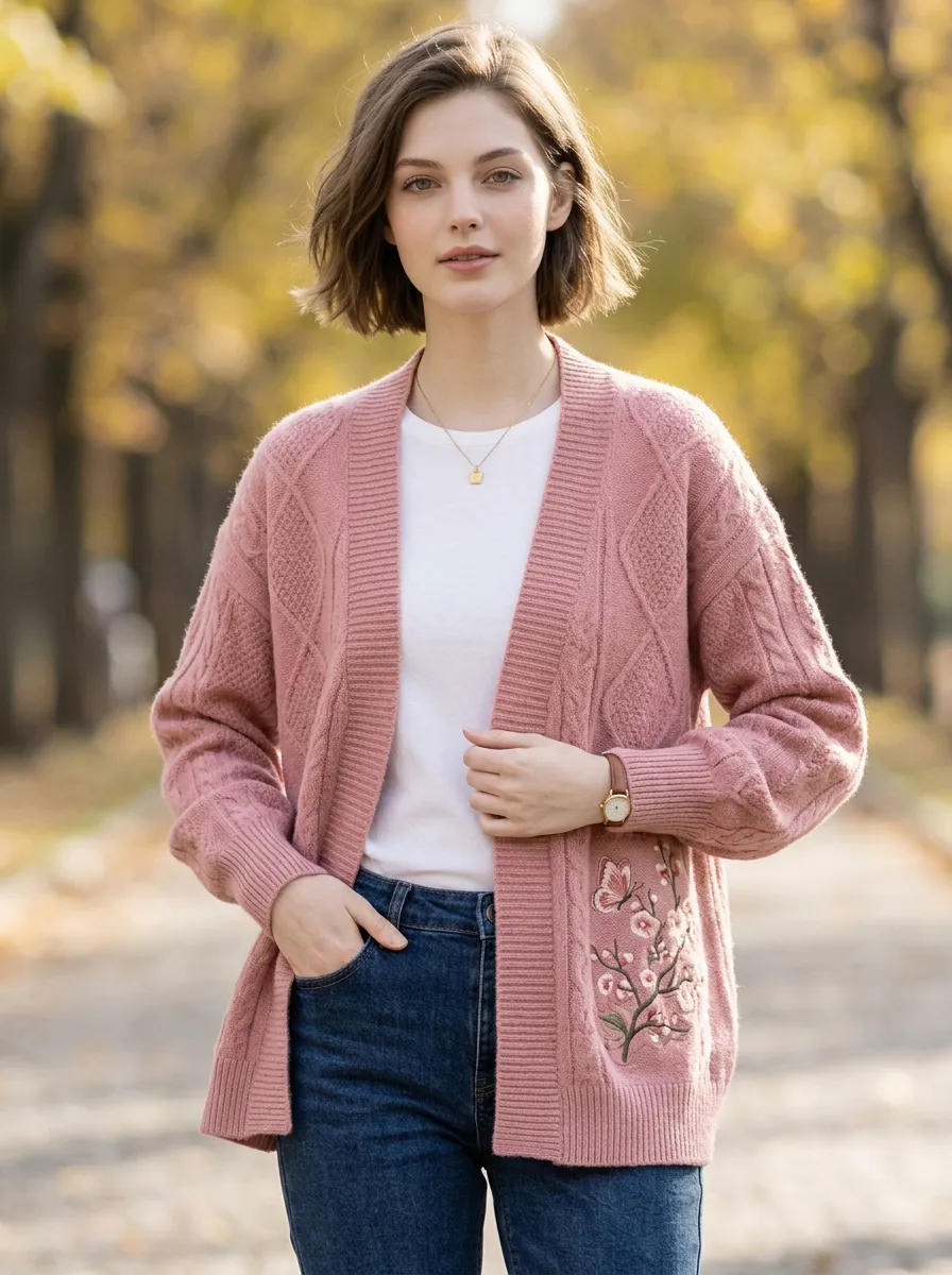 Women's Pink Floral Butterfly Embroidered Cable Knit Cardigan