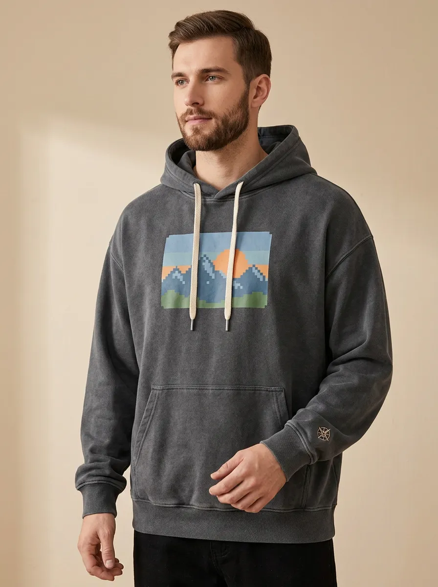 Men's Nature Lover Pixel Mountain Sunset Print Hoodie