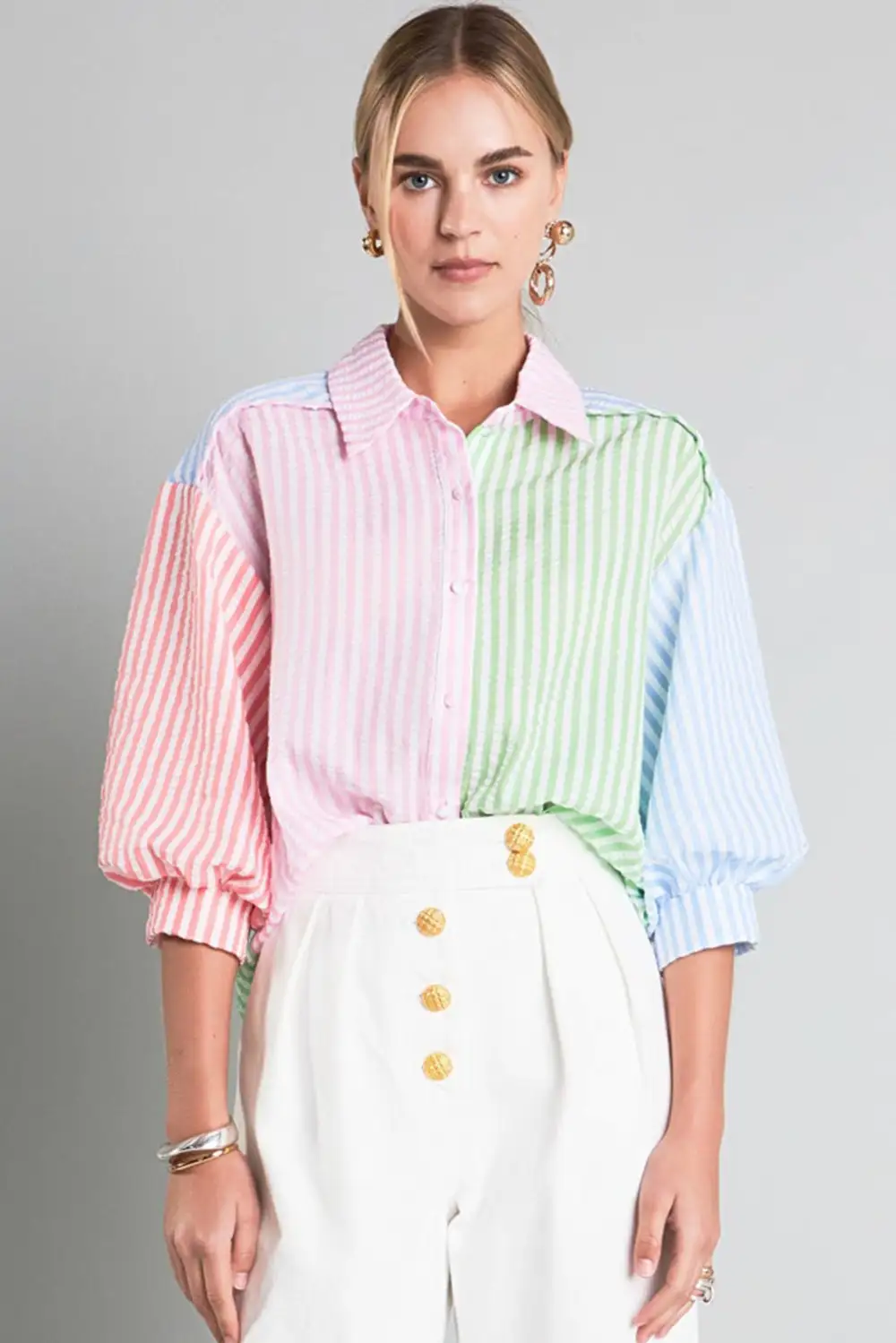 Button Front Striped Button Front Blouse
