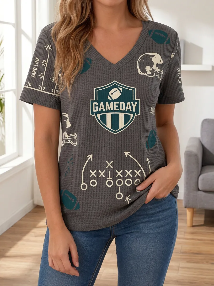 Women's Football Gameday Playbook Pattern Printed Waffle Top