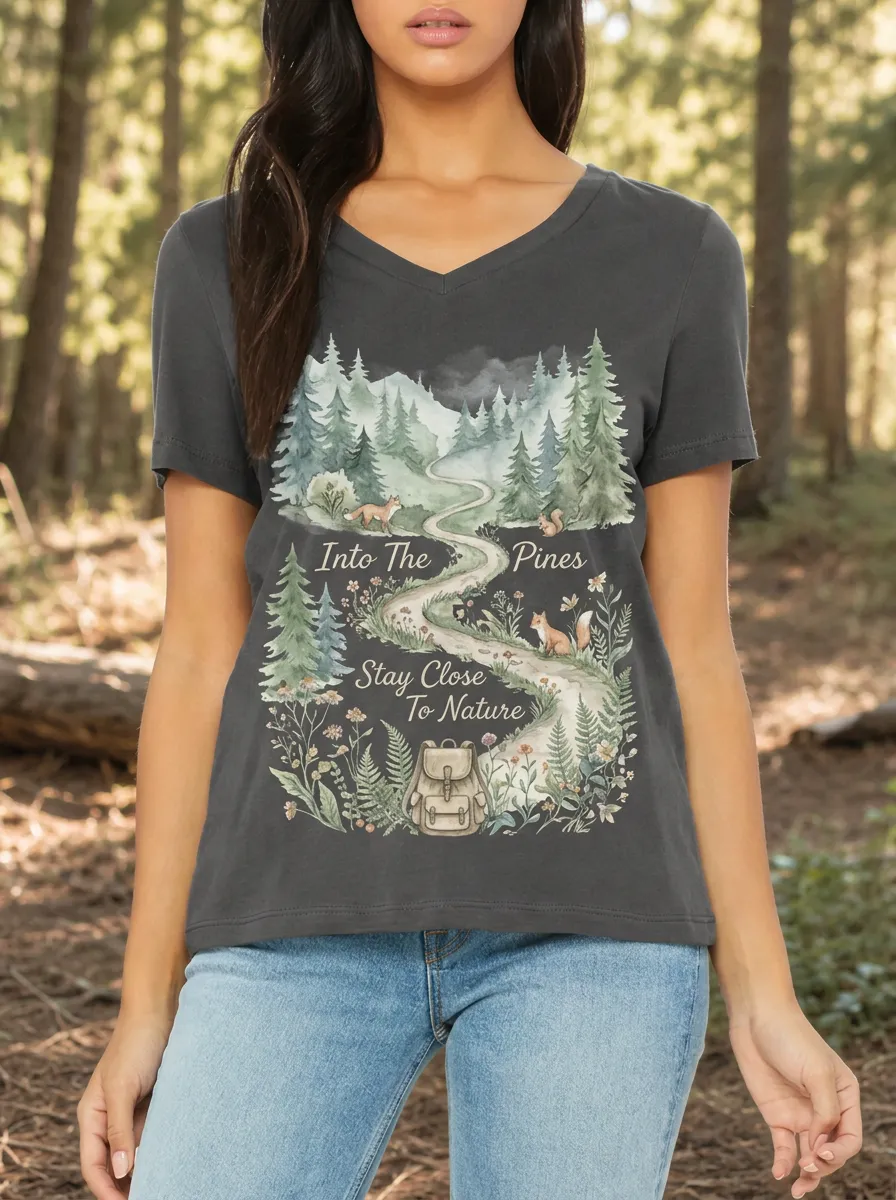 Women's Nature Lover Forest Path Fox Backpack Printed V-Neck T-Shirt