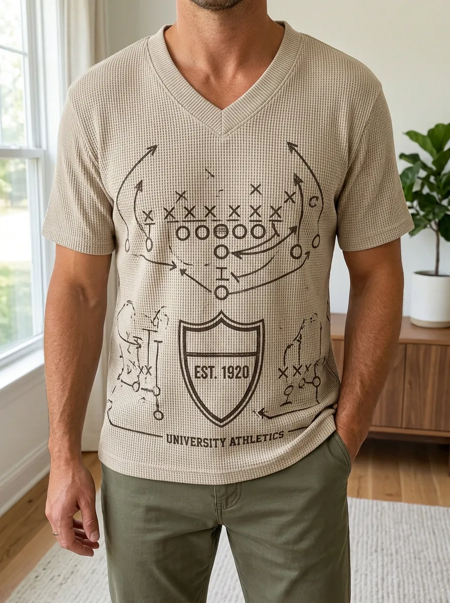 Men's Football Playbook University Athletics Printed Waffle V-Neck Top
