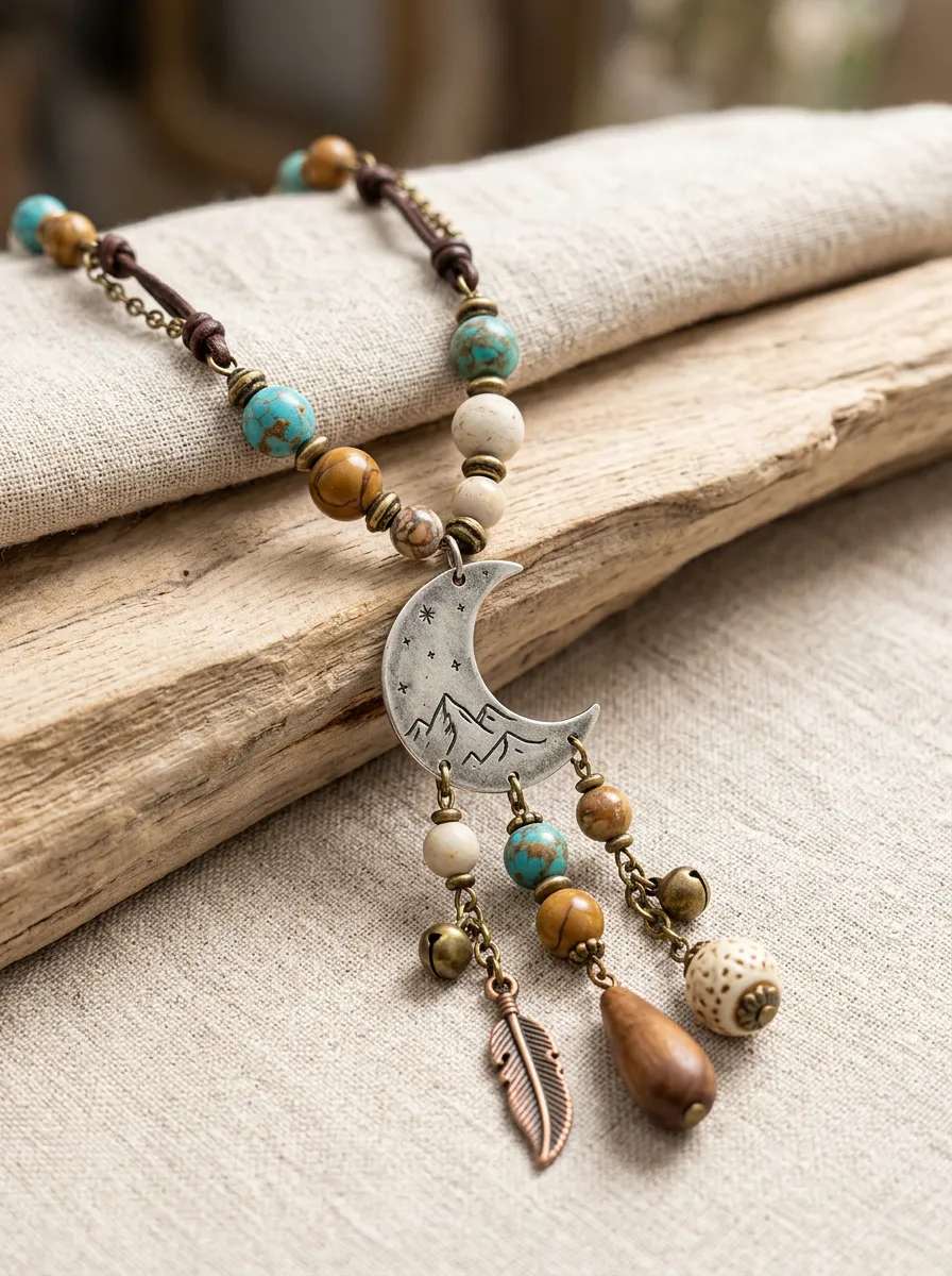 Moon Mountain Feather Beaded Western Pendant Necklace